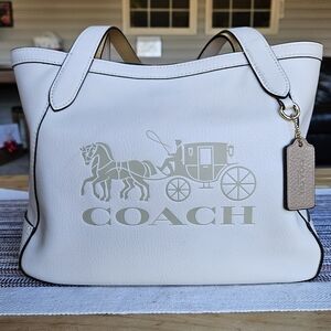 Coach Horse & Carriage Logo Tote 27 White "Chalk" Leather Tote Bag W/ Organizer